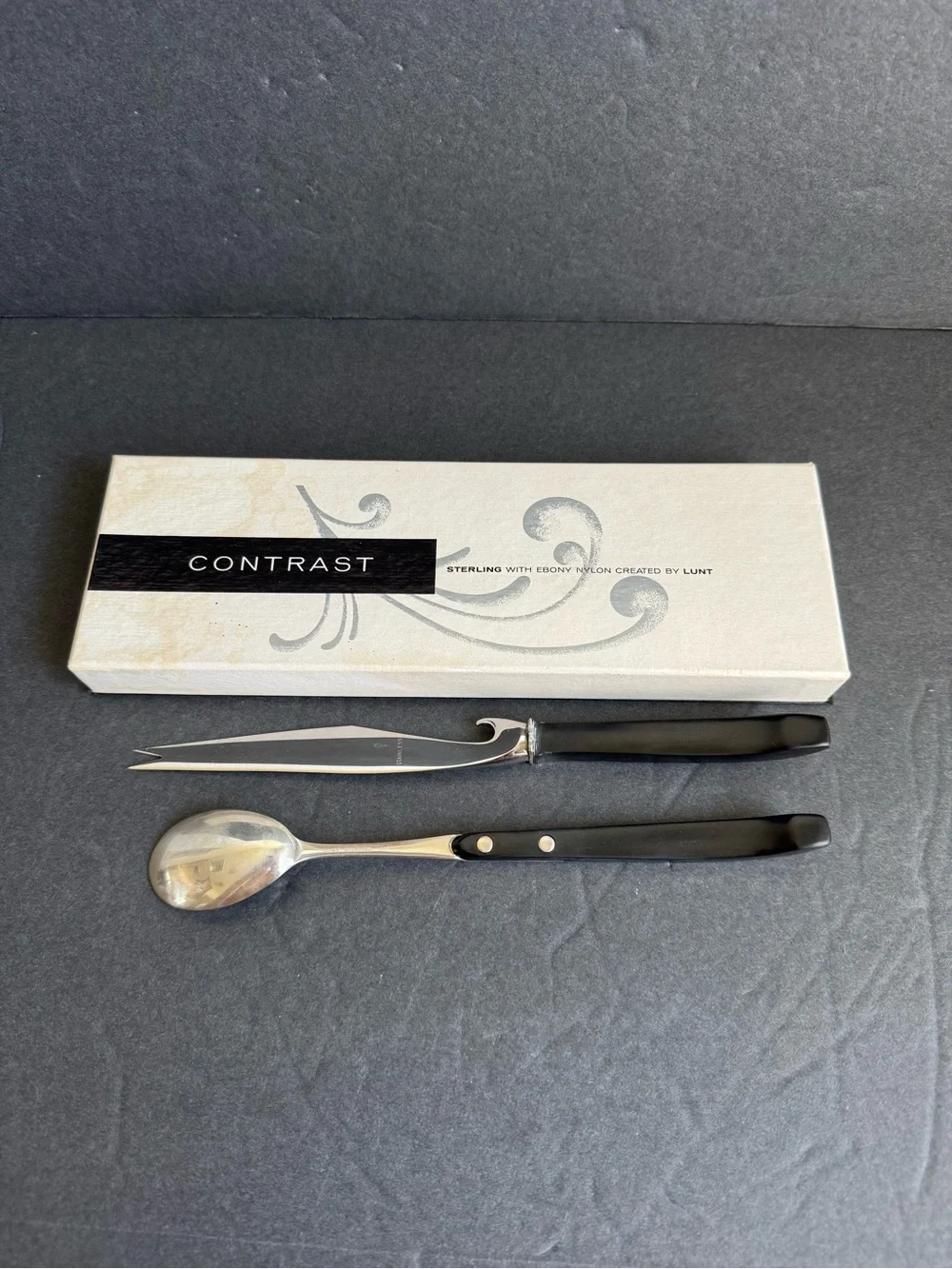 Vintage Lunt Sterling Silver Hostess Set Contrast Ebony Bar Knife Spoon  MCM